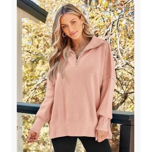 Amazon Womens Pullover Sweater XL Pink‎ Quarter Zip Long Sleeve Knit Top Fits 2X